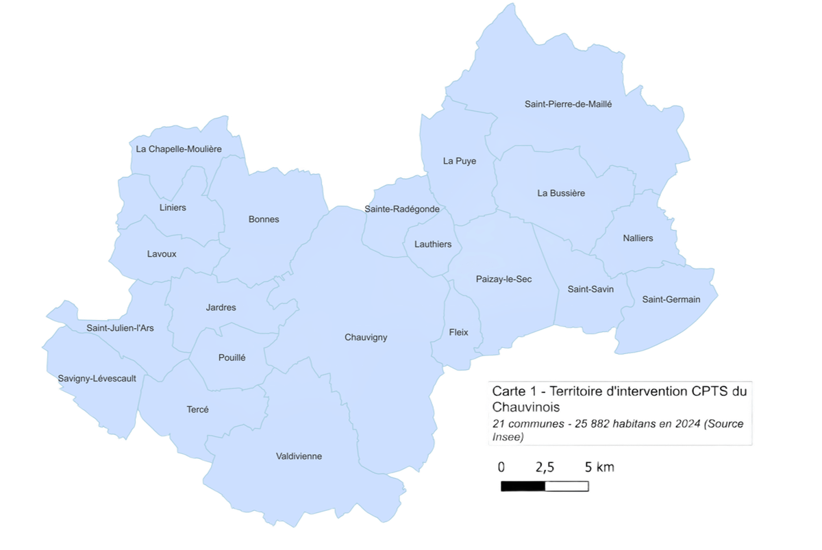 Carte des 21 communes composant le territoire de la CPTS du Chauvinois